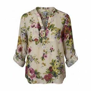 J.Jill Women Tunic Blouse M Cream Floral Cotton Silk Roll Tab Sleeve Lightweight